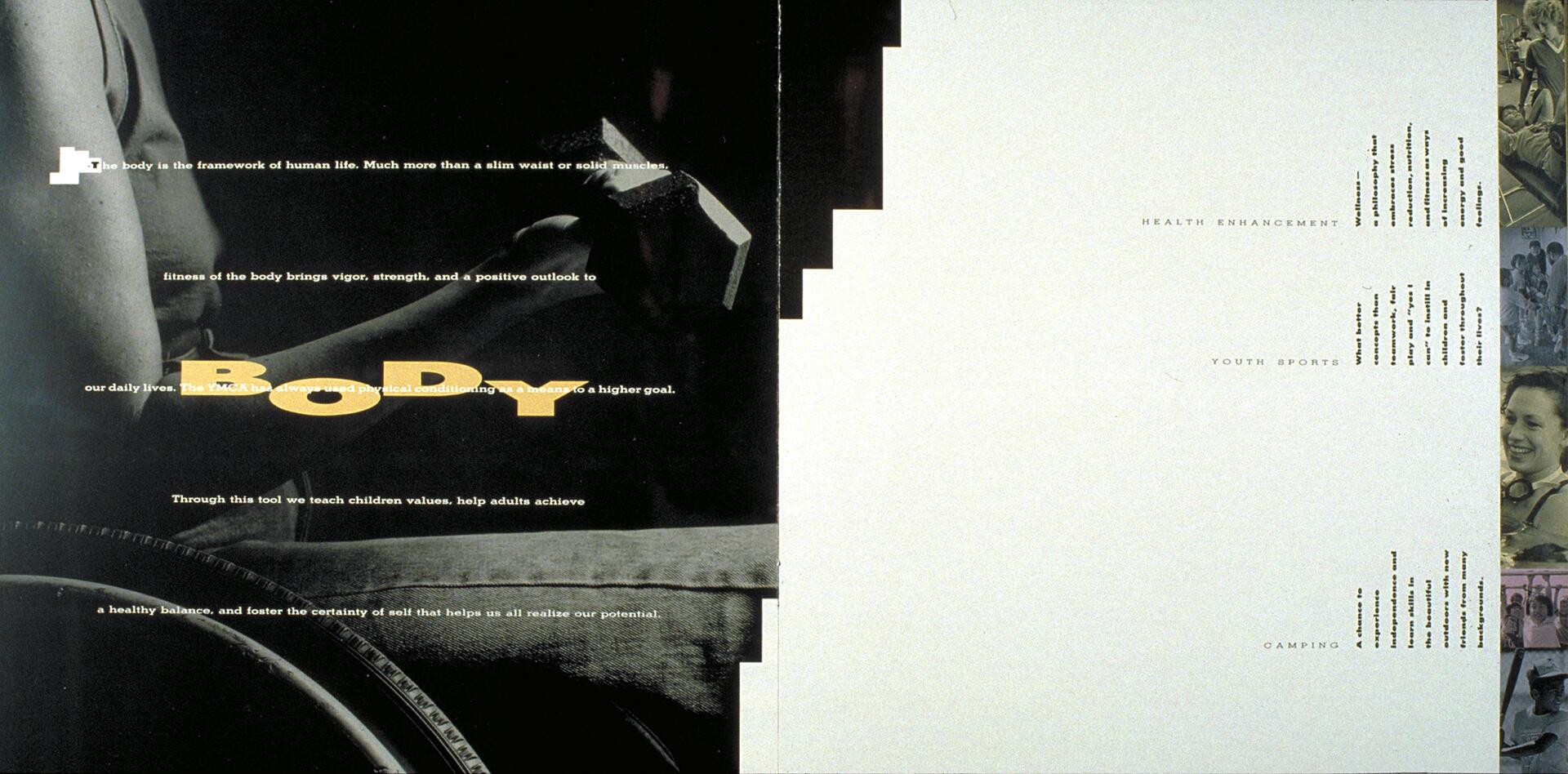 Black and white layout featuring a person lifting a dumbbell on the left with text about body fitness. The right side has vertical text for health enhancement, youth sports, and camping, alongside small photos of smiling people and activities.