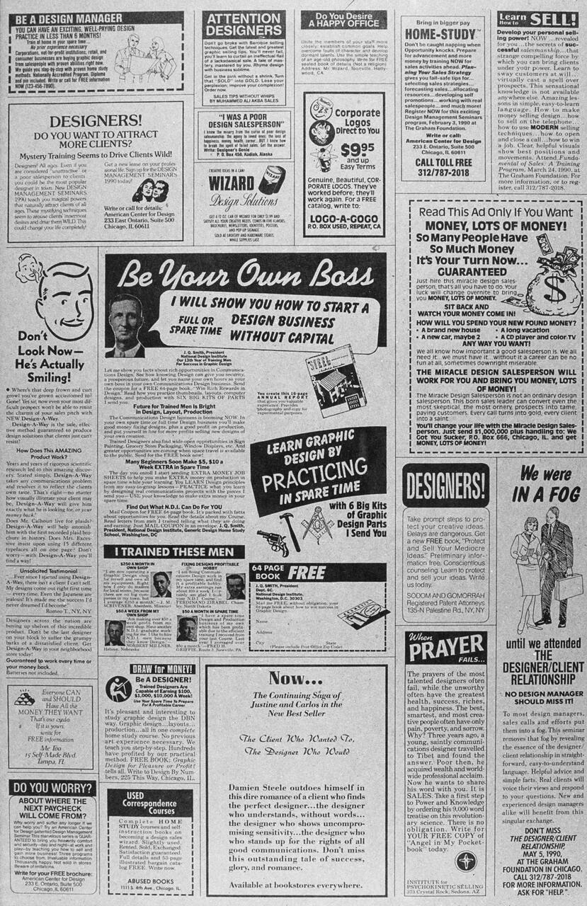 Retro advertisements on graphic design and self-improvement courses, featuring bold headlines, varied fonts, and illustrations. Prominent themes include starting a design business, attracting clients, and becoming a design manager.
