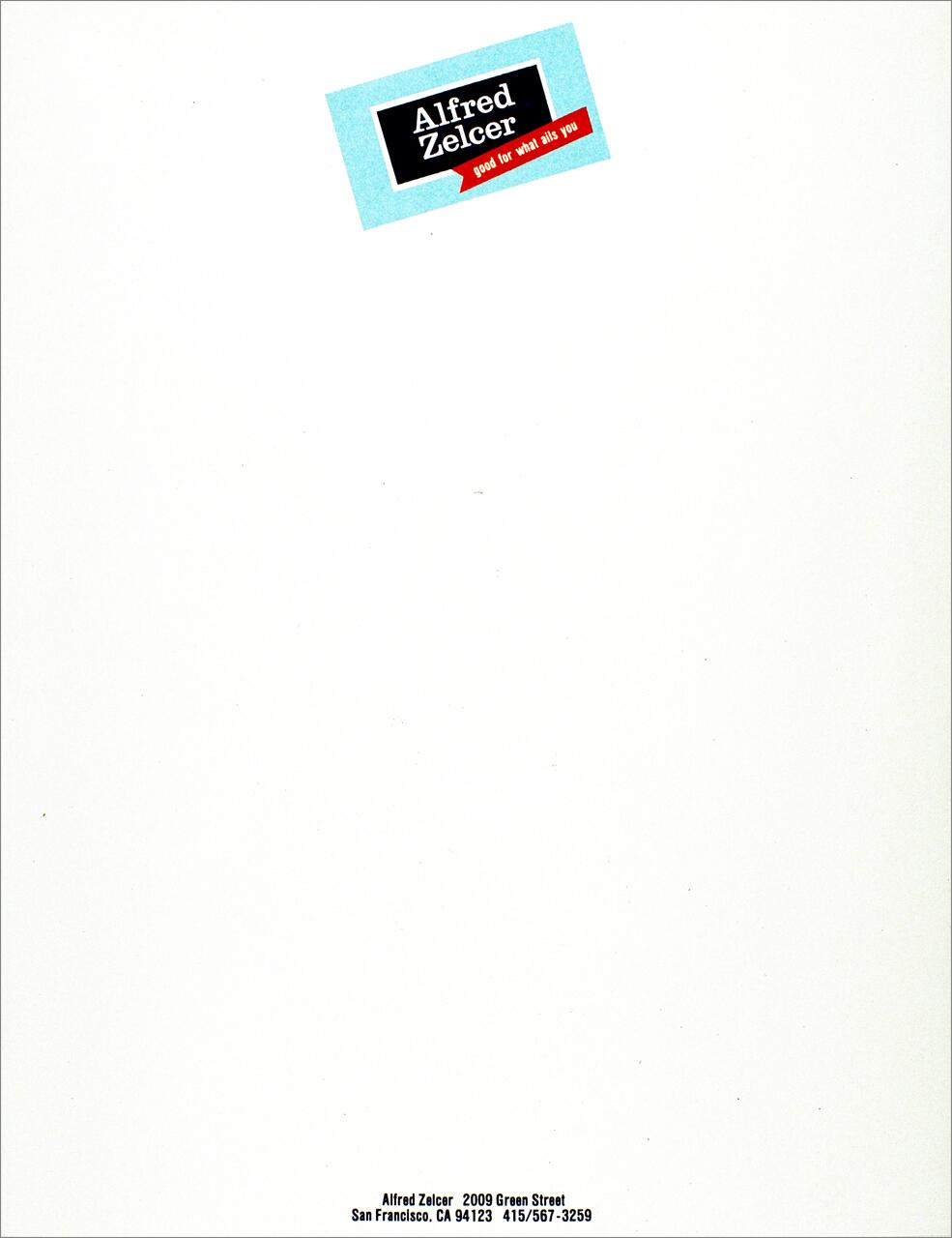 Business card with a light blue background at the top featuring the name "Alfred Zelcer" and a slogan. Bottom text includes an address and contact number for San Francisco, CA.