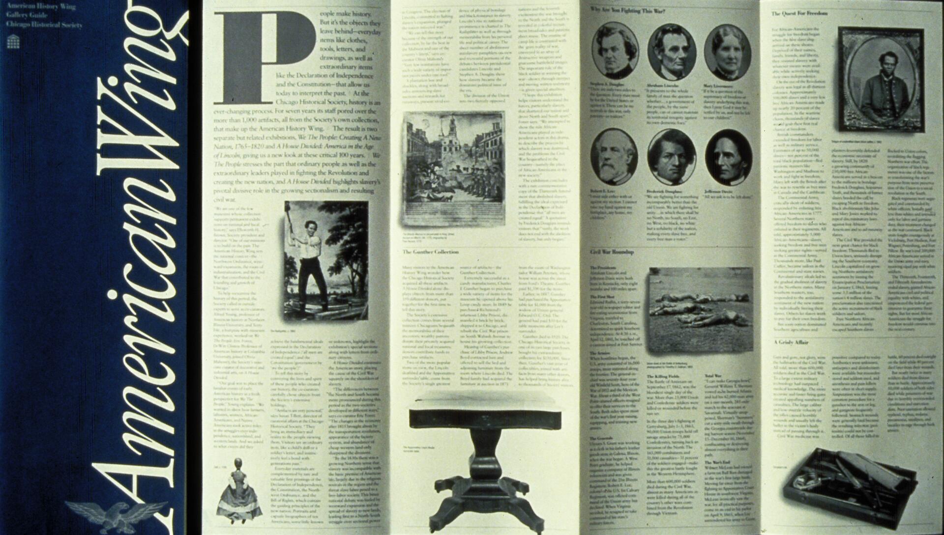 Gallery guide spread for the American History Wing of the Chicago Historical Society, featuring articles, historical photographs, and illustrations. The left side shows a vertical blue strip with "American Wing" text.
