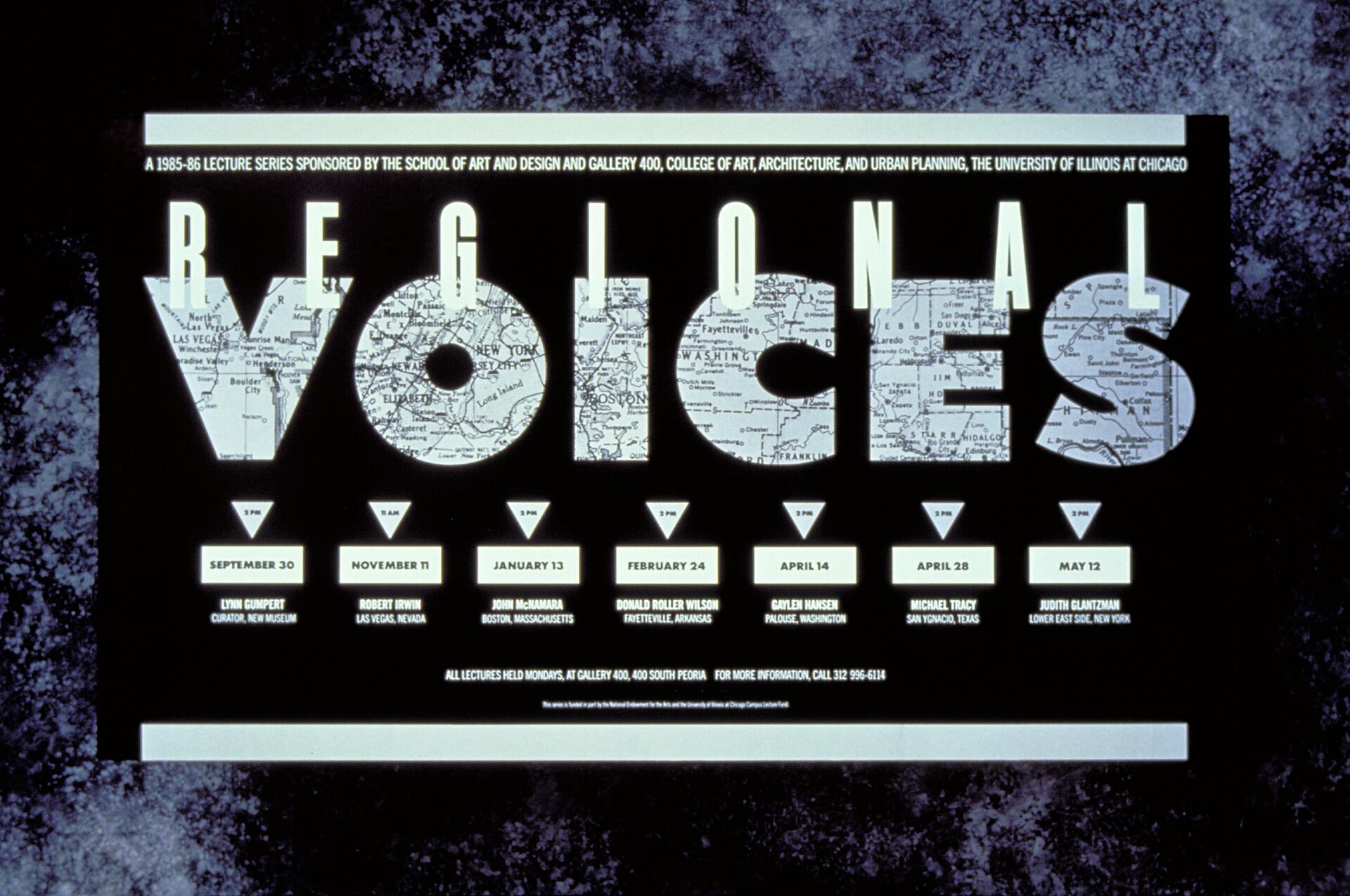 Text-based poster for 'Regional Voices' lecture series with dates and speaker names. The large text features map patterns. Background is dark with a blue texture.