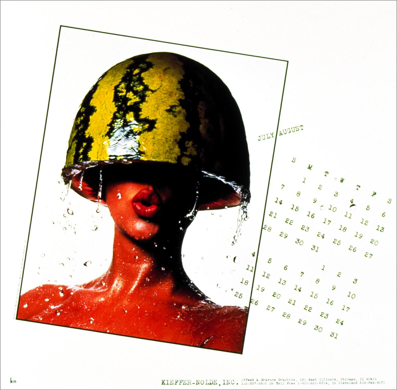 Person wearing a large watermelon half as a hat, with bright red lips and water droplets on skin, set against a white background with a calendar for July and August on the side.