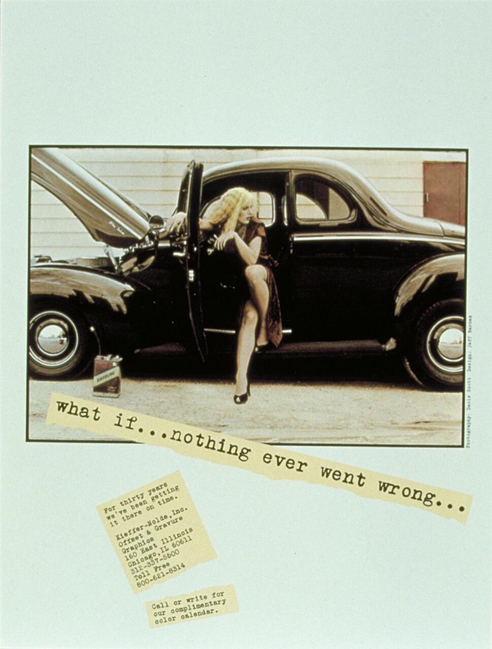 A woman with long blonde hair sits on the open door of a vintage black car with its hood up. She appears contemplative, dressed in a dark outfit and heels. A can labeled "Gasoline" is on the ground next to the car. Text reads "what if...nothing ever went wrong..."