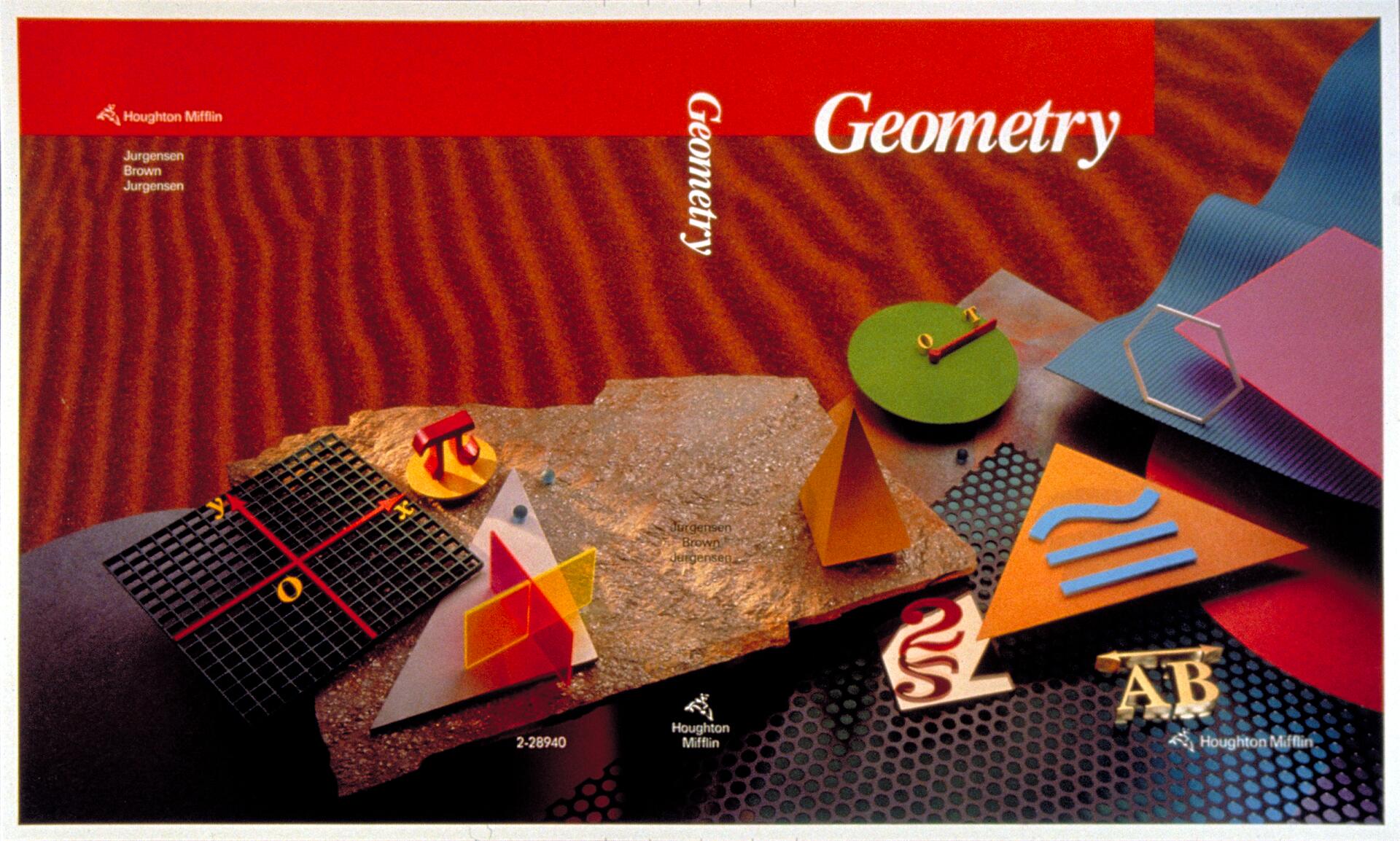 Colorful geometric shapes on a textured background, including triangles, a grid, and curved patterns. The cover features the word "Geometry" and a Houghton Mifflin logo, creating a visually engaging design for a mathematics book.