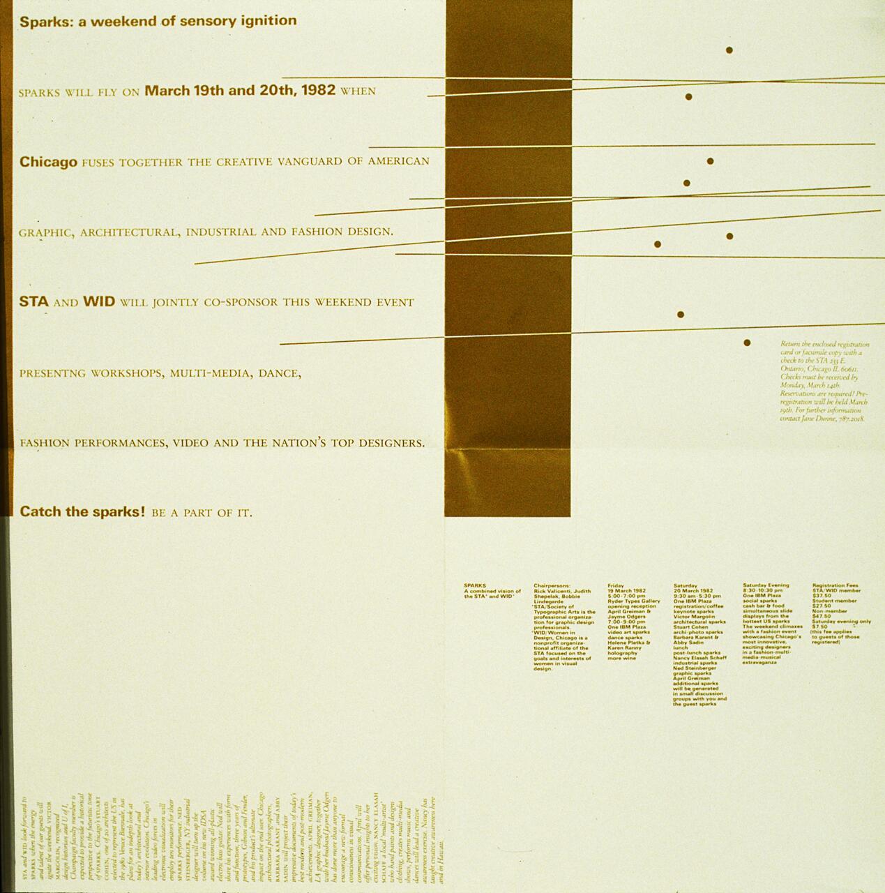 Sparks event poster with brown and white sections, featuring lines and dots. Text details an event in Chicago on March 19-20, 1982, celebrating design through workshops, multimedia, dance, and fashion.
