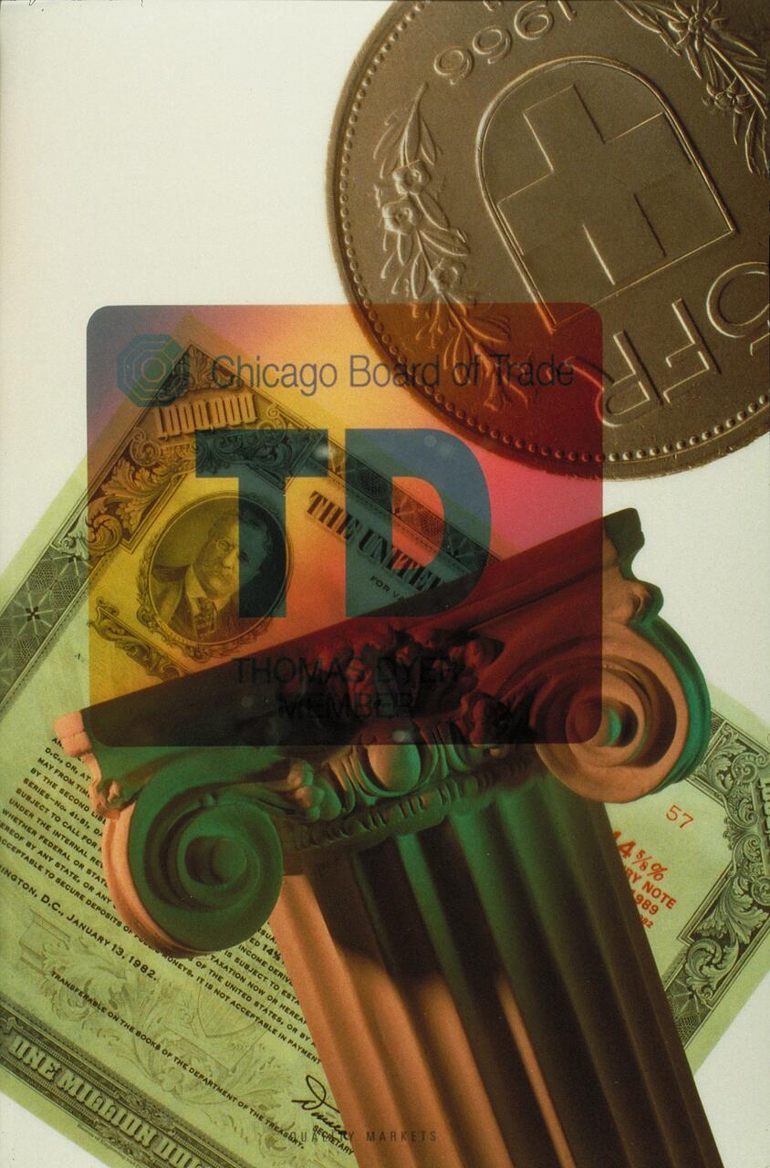 Composite of a large coin, a vintage banknote, and an architectural column with colorful lighting. Translucent overlay includes "Chicago Board of Trade" text.
