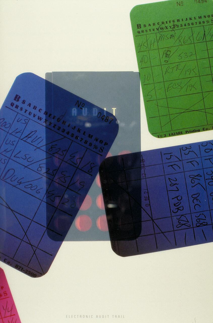 Colorful overlays of handwritten forms with numbers and letters, creating a layered, abstract composition.