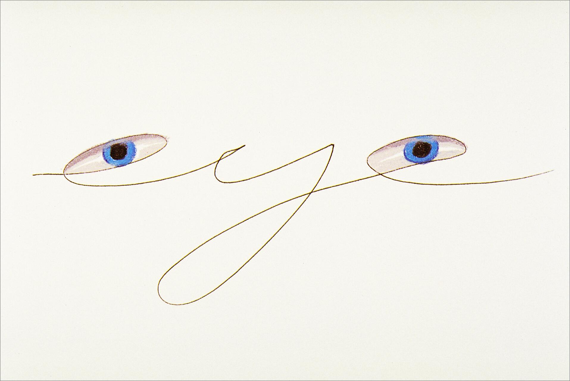 Stylized word "eye" in cursive script with two blue eyes as the letter "e".