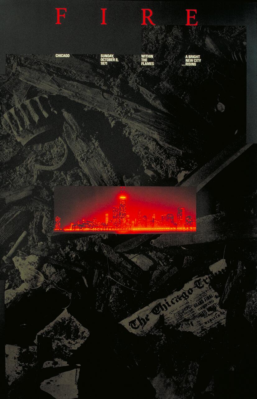 Charred debris with a glowing red skyline of Chicago, featuring remnants of The Chicago Tribune, set against a dark background with the word "FIRE" in bold red letters at the top.