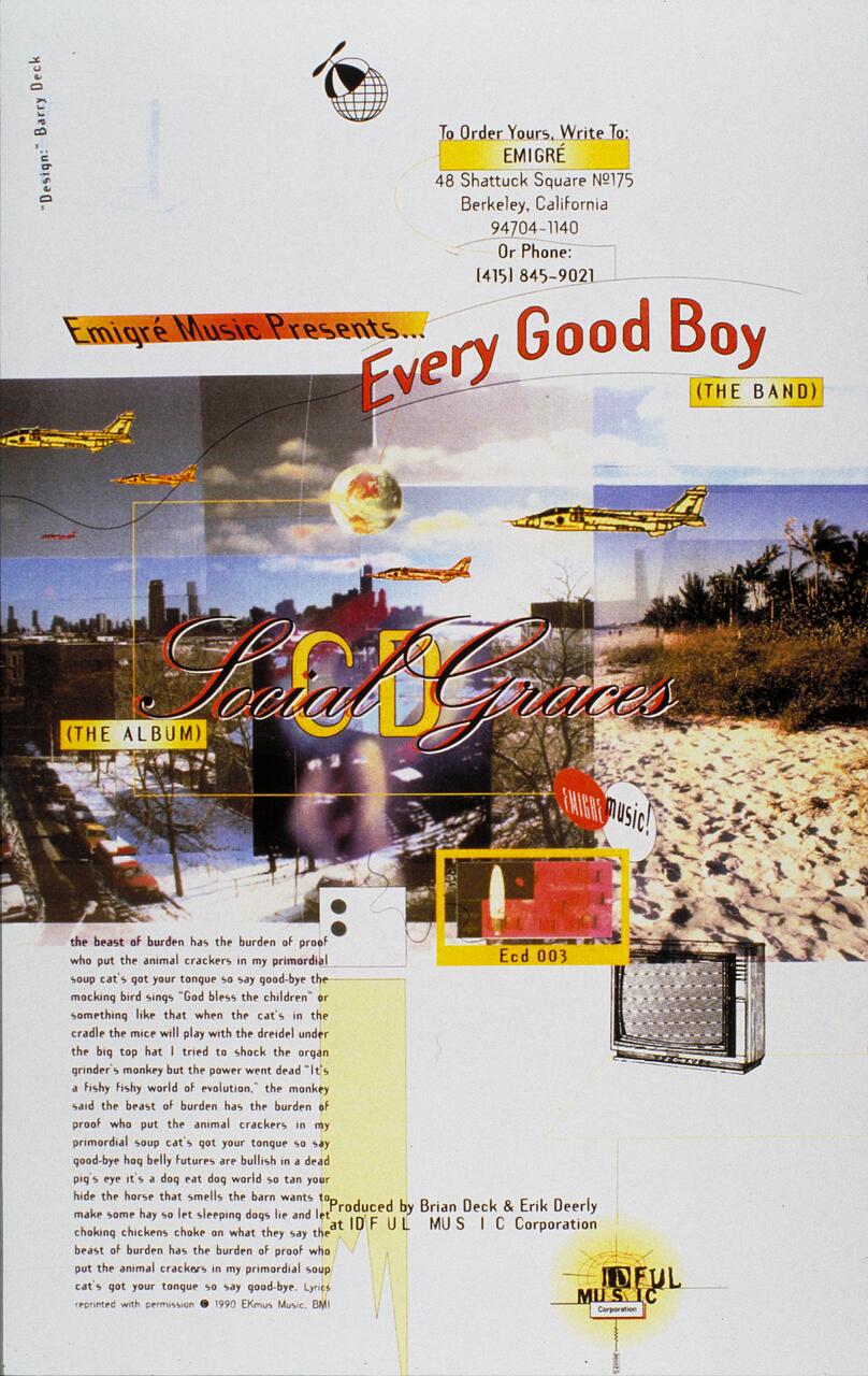 Collage-style album cover for "Every Good Boy" by Emigré Music, featuring abstract images of helicopters, a globe, and urban landscapes. Text includes "Social Graces" and contact information. The overall design is colorful with a mix of graphics and text.
