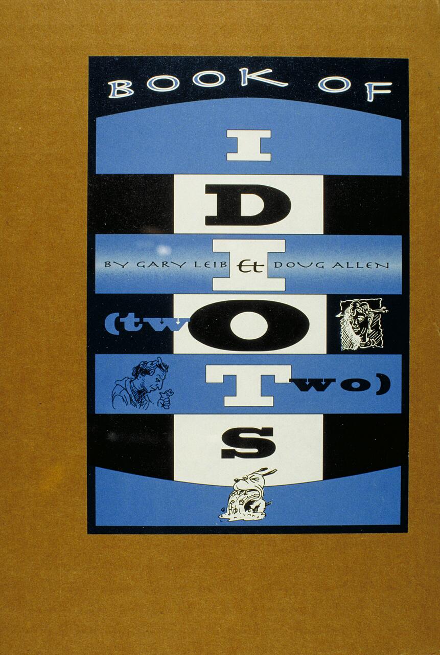 Cover of "Book of Idiots" by Gary Leib and Doug Allen, featuring stylized text and illustrations in black and blue on a brown background.