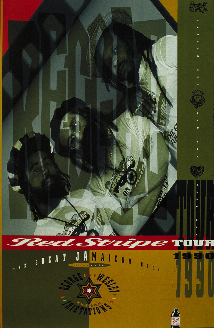 Three men in hats and dreadlocks wearing Red Stripe shirts, overlaid with bold text and graphic designs, promoting a tour. Earthy color palette with red, green, and yellow.