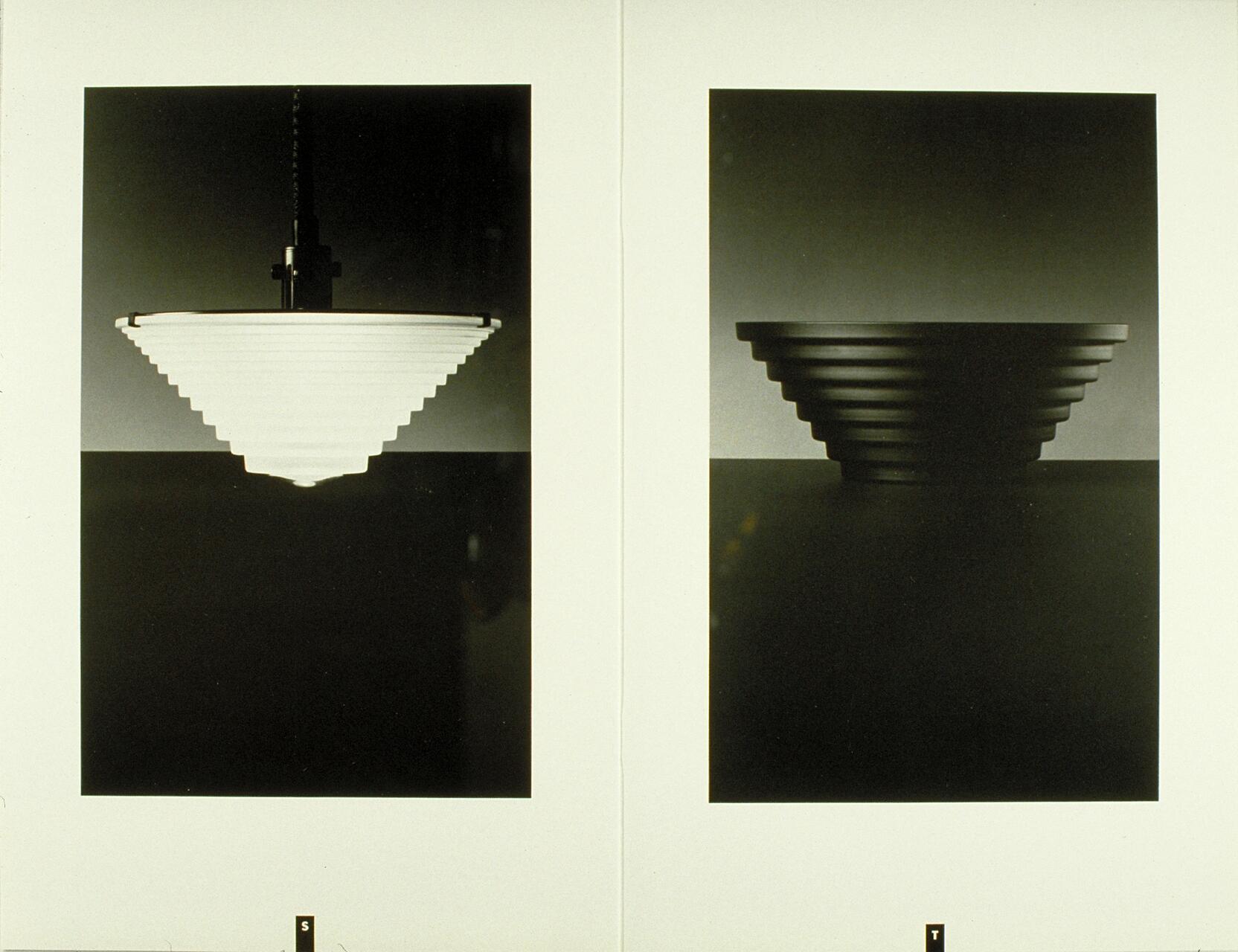 Two photographs side by side: on the left, a white layered pendant light with a geometric design hangs against a dark background; on the right, a black, tiered bowl with a similar shape sits on a dark surface.