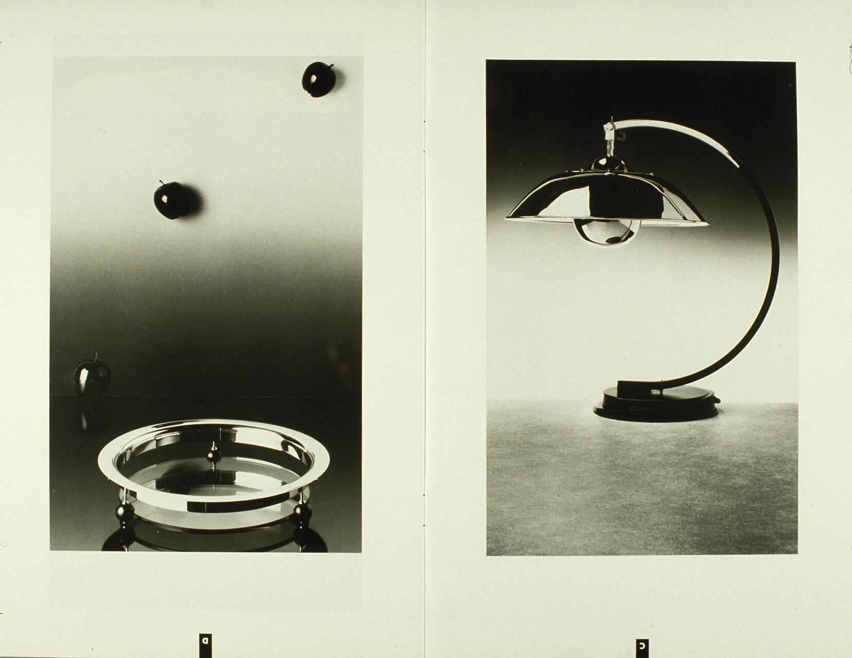 Two monochromatic photographs: the left shows apples floating above a reflective tray, the right displays an elegantly curved metallic lamp on a smooth surface.