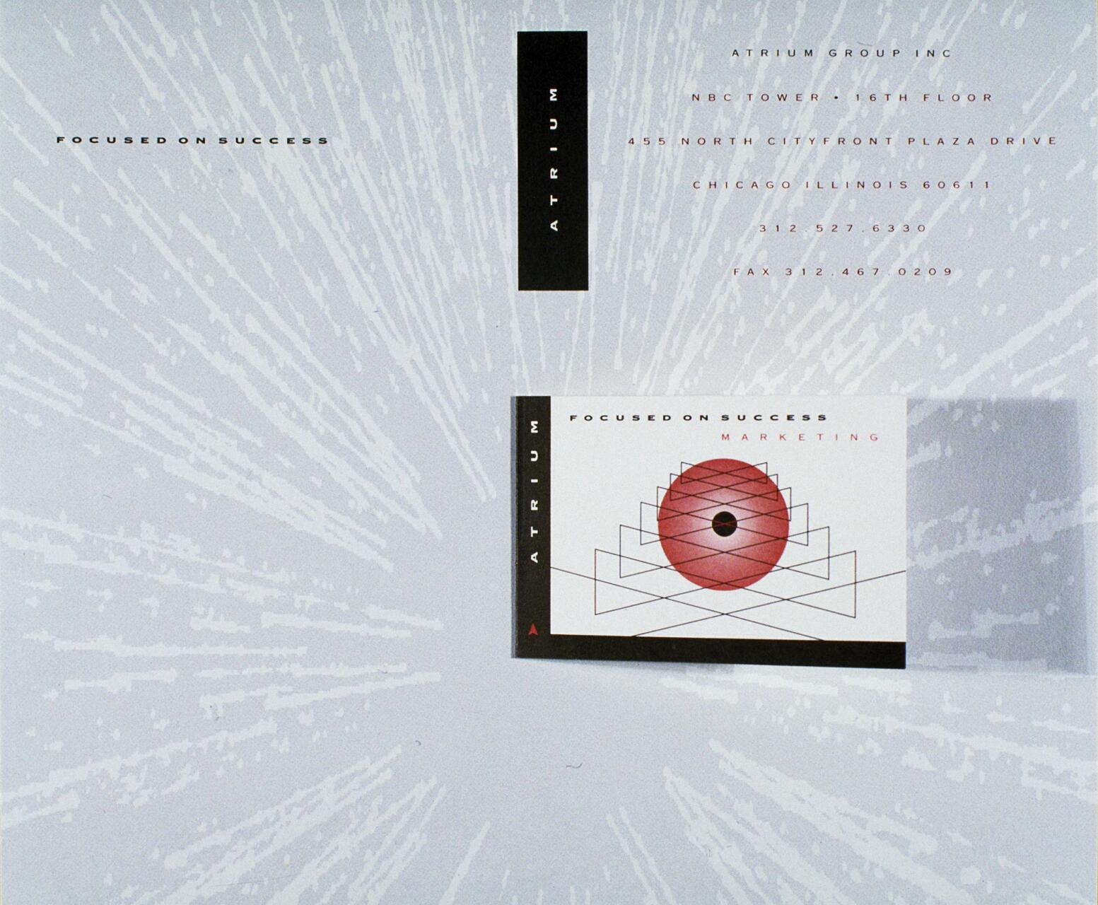 Abstract graphic with geometric shapes and a central red circle against a light background with radiating lines. Contains text related to a marketing message and company contact information.