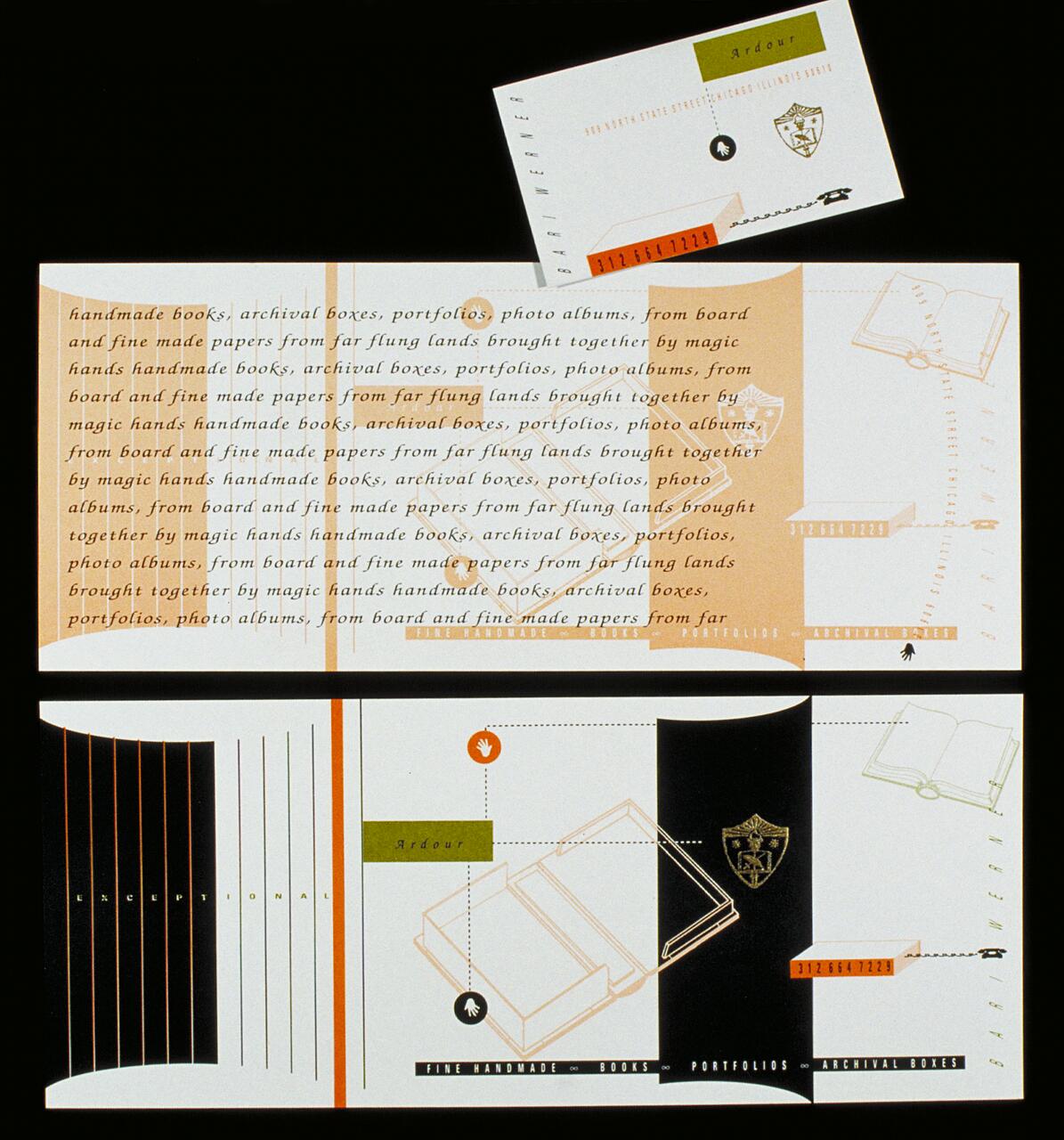 Decorative graphic with stylized text and illustrations of books and a shield. Text includes repeated phrases about handmade books, archival boxes, and photo albums. The layout is geometric with sections in beige, black, and white.
