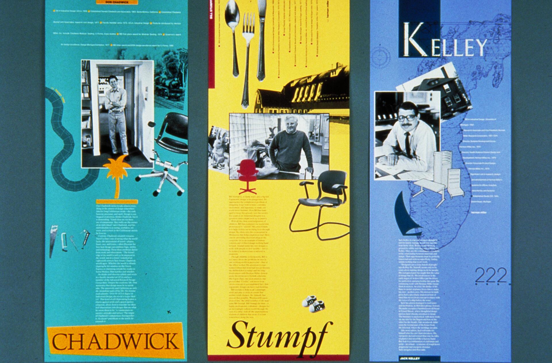 Three vertical panels featuring black-and-white photos of individuals. The left panel is turquoise with the name "Chadwick," the middle yellow with "Stumpf," and the right blue with "Kelley." Each panel includes design elements and text.