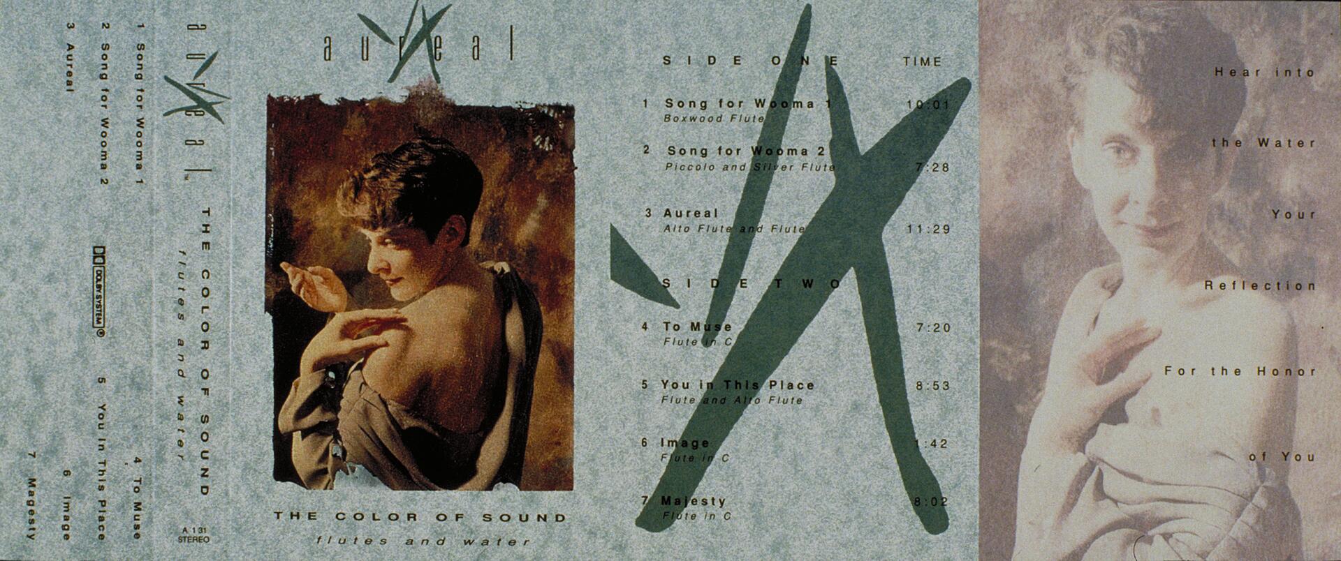 Cassette cover with an abstract design titled "Auréal: The Color of Sound." It features a serene portrait of a person wrapped in fabric and a tracklist with song durations. The background has soft, muted colors and artistic brushstrokes.