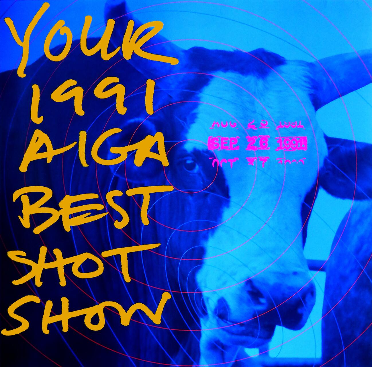 Colorful graphic of a cow's face with concentric circles overlay. The image has bold yellow and pink text elements on a blue background.
