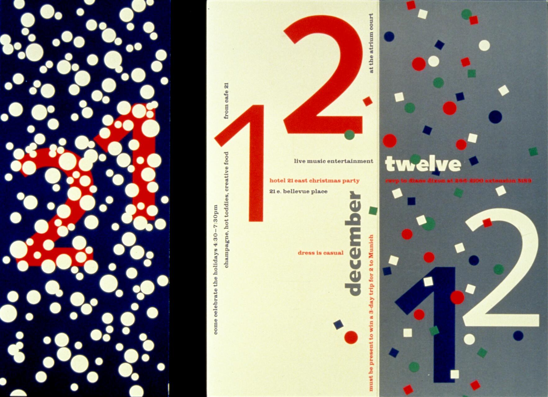 Three colorful graphic designs featuring large red and blue numbers "21", "12", and "12" against dotted and confetti backgrounds. Vertical and horizontal text provides details for a holiday event with casual dress code.