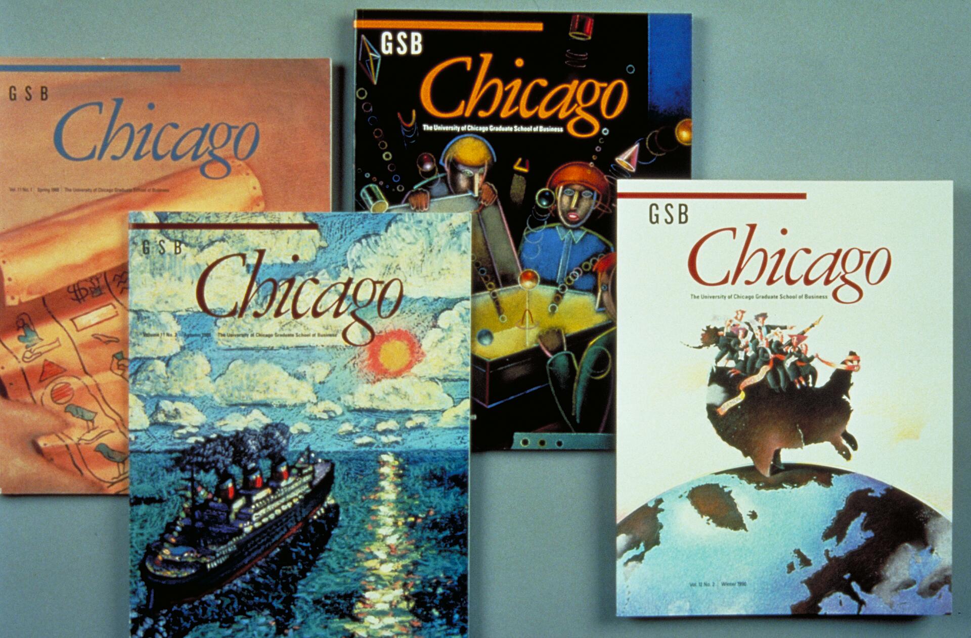 Four GSB Chicago magazine covers with varied artistic styles: a blueprint theme, colorful abstract figures, a ship on water under a bright sky, and people riding an animal over the globe.