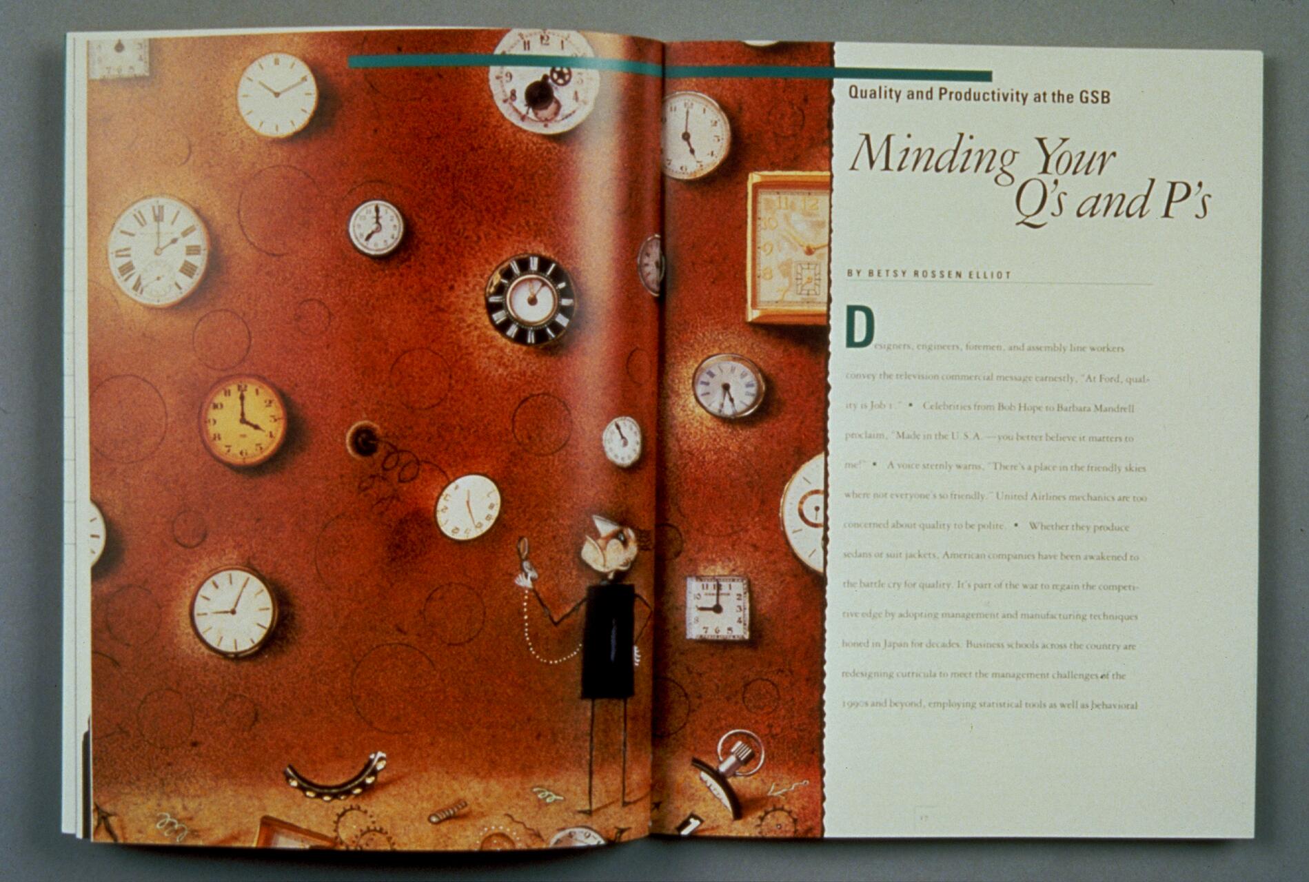 Open magazine spread with clocks on an orange textured background on the left page, and text on the right page under the title "Quality and Productivity at the GSB: Minding Your Q’s and P’s" by Betsy Rossen Elliot.