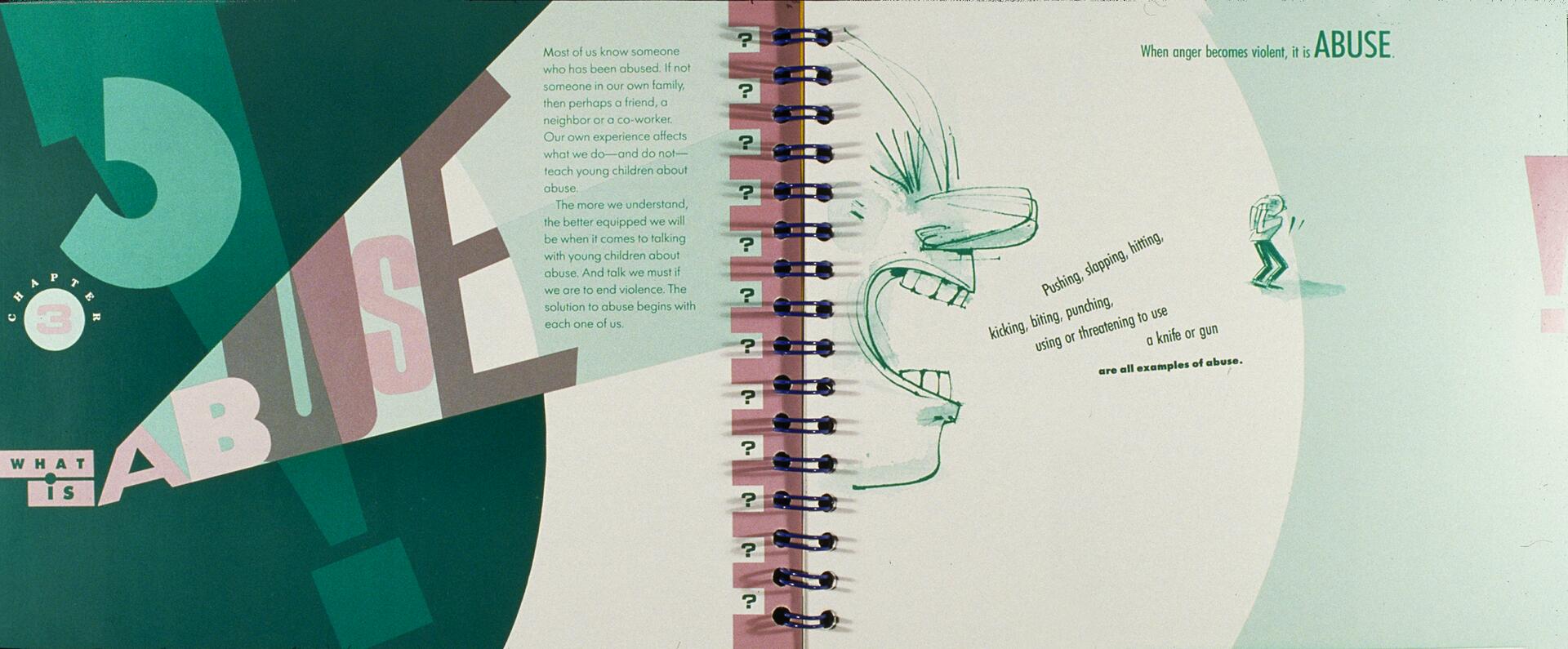 Chapter 3 section on abuse with teal and pink accents. A stylized face shouting at a cowering figure, with text emphasizing understanding and addressing abuse. Spiraled notebook design with question marks on the binding.