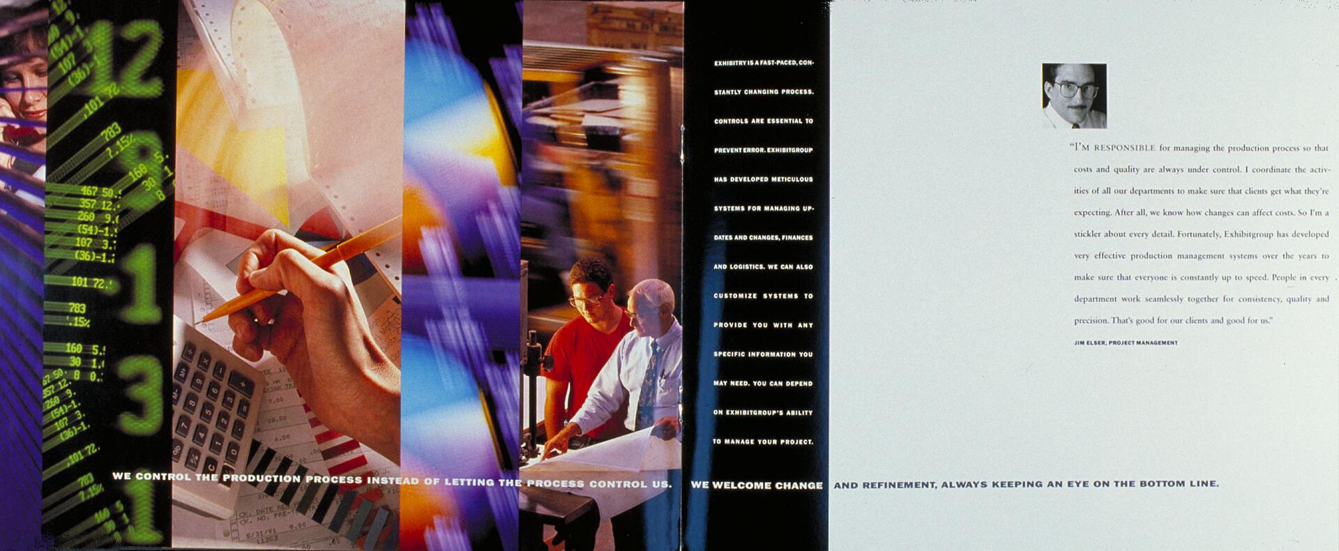 Colorful collage featuring digits, calculator, people working, and blurred elements. Right side has text and a small portrait of a person.