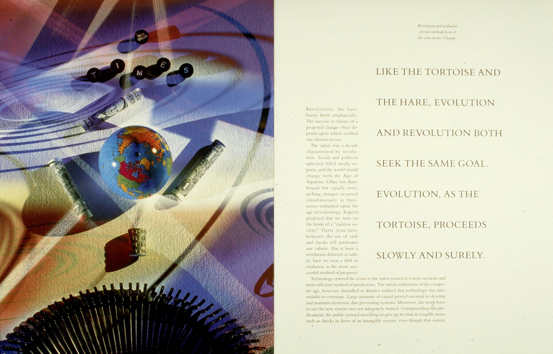 A globe and assorted cylindrical objects cast colorful shadows on the left, with the word "TIMES" spelled out. The right side features text comparing evolution and revolution to a tortoise and hare, emphasizing progress.