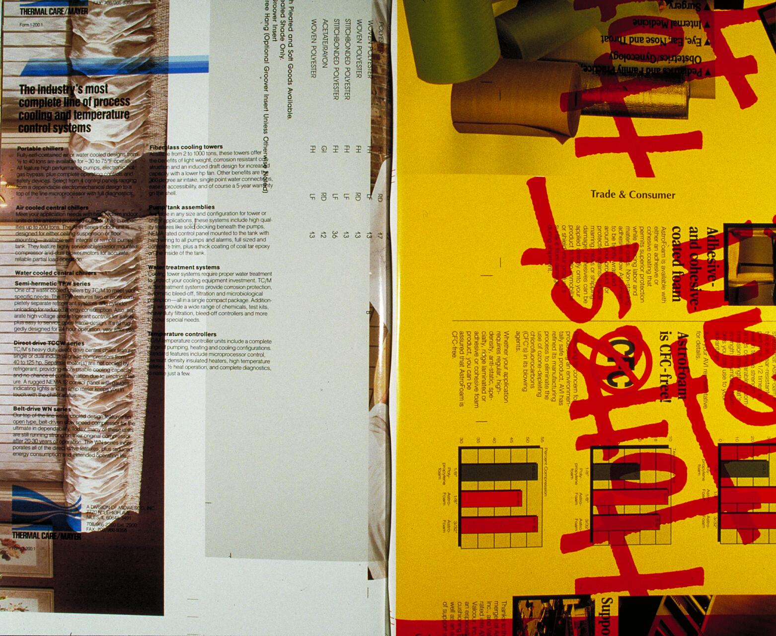 Overlapping pages with technical content; one is white with text on cooling systems and photos of machinery, the other is yellow, featuring graphs and bold red handwritten elements.