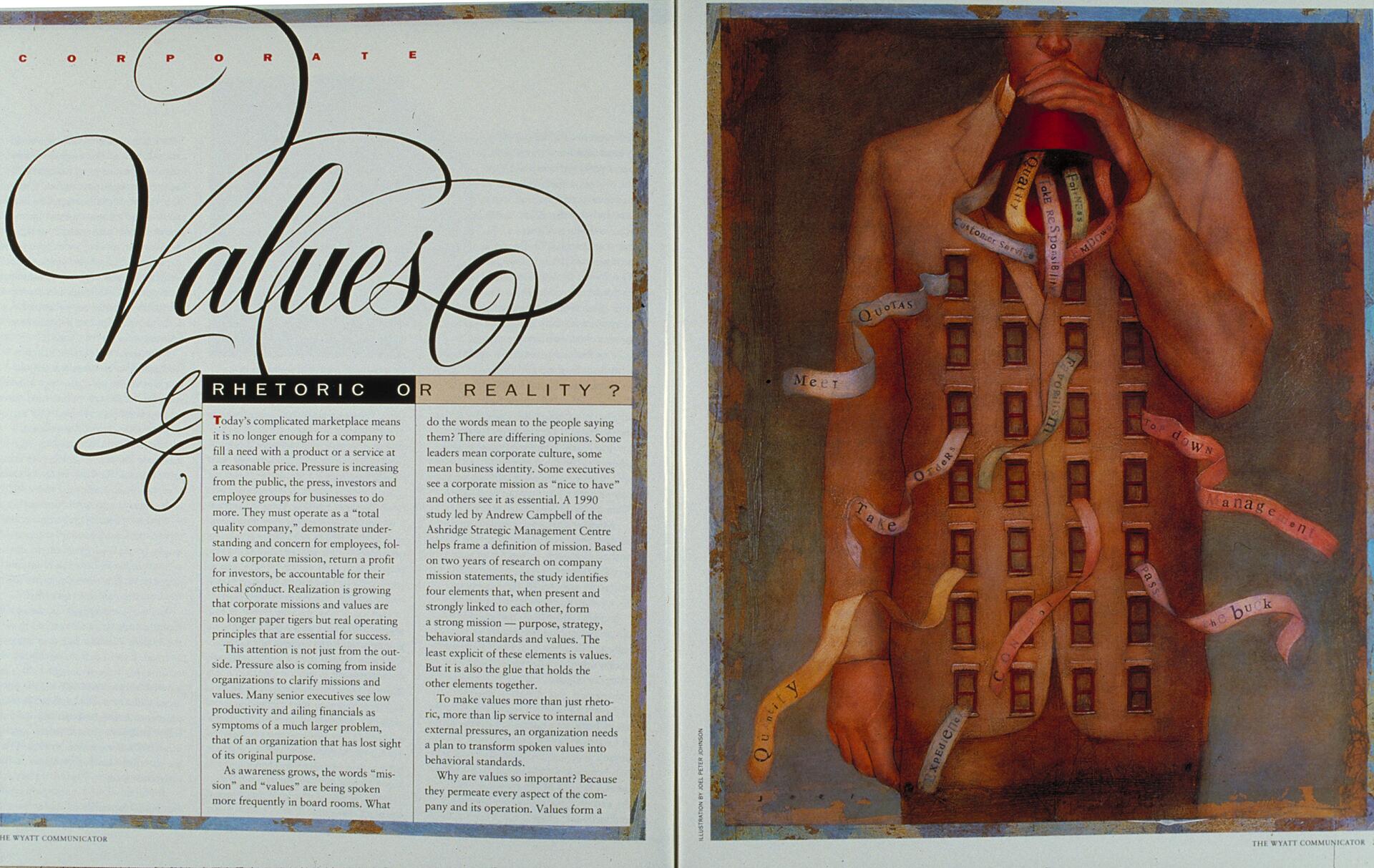 Magazine spread featuring text about corporate values on the left and a surreal painting on the right. The painting shows a person in a suit with a red megaphone for a head, resembling a building, with ribbons displaying words like "Quotas" and "Management."