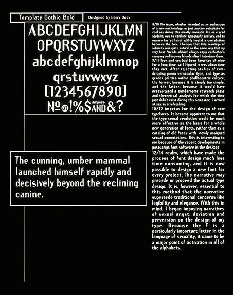 Template Gothic Bold typeface sample, featuring uppercase and lowercase letters, numbers, and special characters. Includes a phrase: "The cunning, umber mammal launched himself rapidly and decisively beyond the reclining canine." Dark background with white text. Designed by Barry Deck.