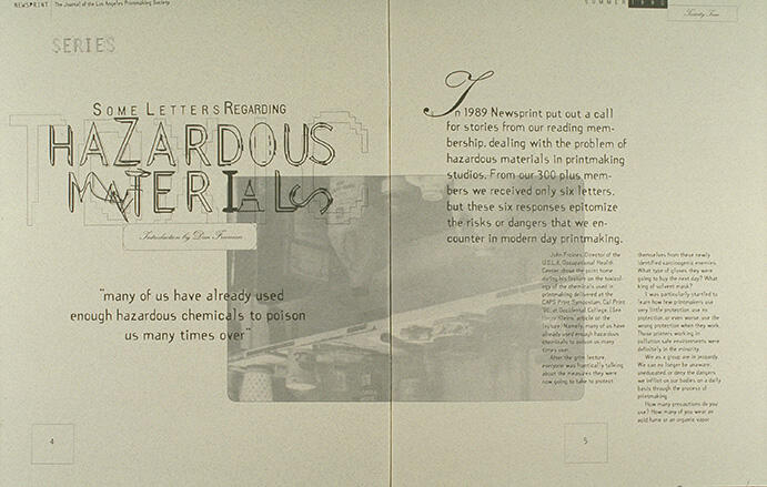 Pages from a publication with the title "Some Letters Regarding Hazardous Materials" in large, stylized font. Text discusses printmaking and hazardous materials. A faint background image of a machine can be seen behind the text.