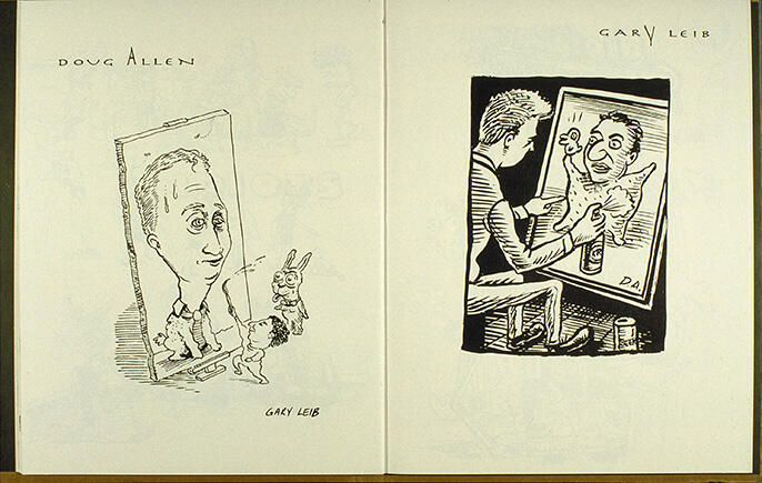 Two black and white comic illustrations. Left: A man stands smiling at a mirror, observed by a small animal. Right: A man paints a mural on a wall, depicting a face with eyes wide open, showing concentration.