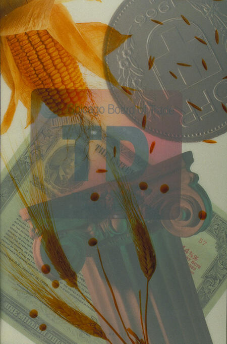 Collage of a corn cob, wheat stalks, and financial documents overlaid with a large coin, blending agriculture and finance themes.