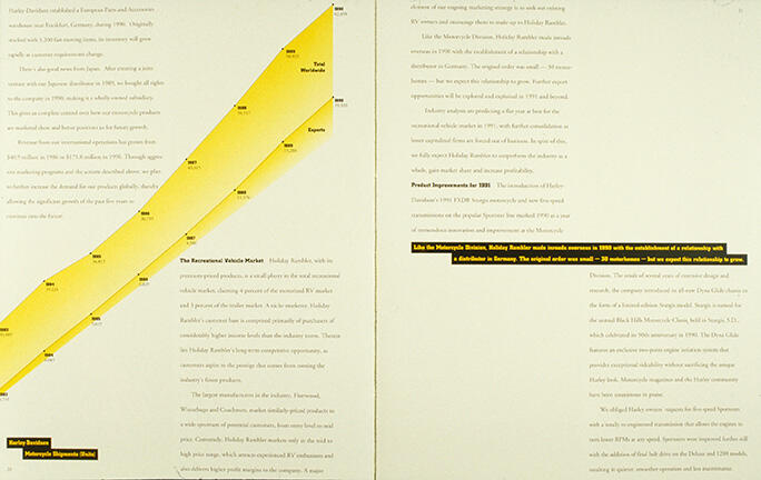 A two-page spread from a brochure with a yellow, ascending bar graph on the left side depicting growth metrics. The right side contains paragraphs of text with some highlighted sections, discussing product improvements and business relationships.
