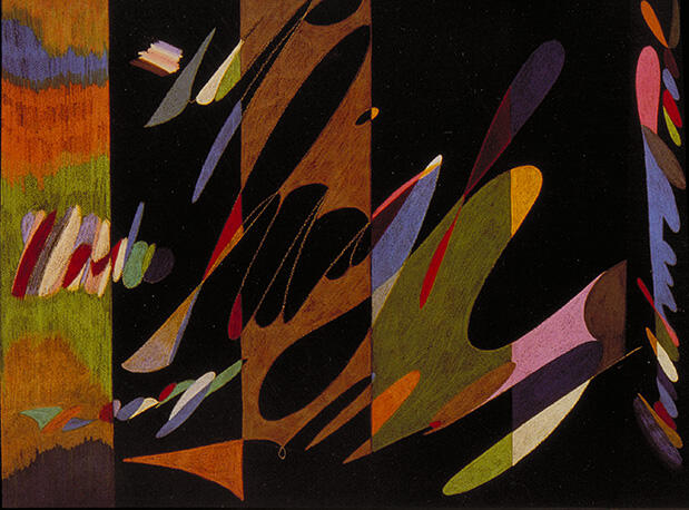 Abstract artwork with overlapping vertical and diagonal shapes in vibrant colors like orange, green, purple, and red against a black background, creating a dynamic and fluid composition.