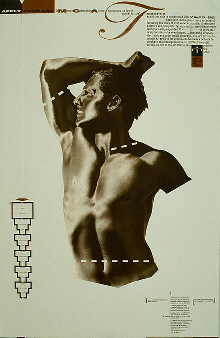Shirtless man with dashed lines and text overlays, arms raised over his head, in an artistic monochrome poster style.