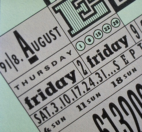 Retro calendar design displaying days of the week in bold type. Thursday and Friday dates are marked prominently, with circles around Fridays. The month of August is highlighted. The design features a mix of black text and light colors.
