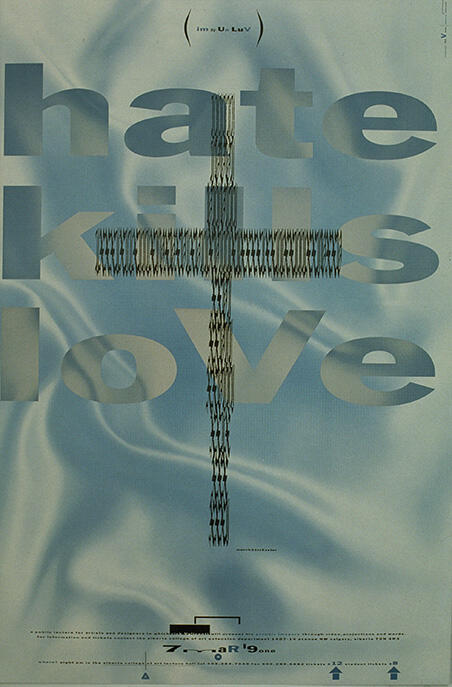 Text on a blue-gray background with a cross in the center formed by soldiers. The words "hate kills love" are overlaid.