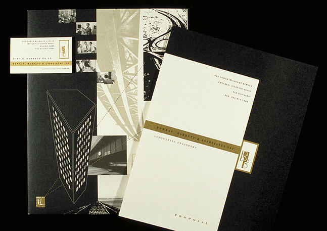 Brochure and business card with modern design featuring architectural elements and monochrome images against a black background.