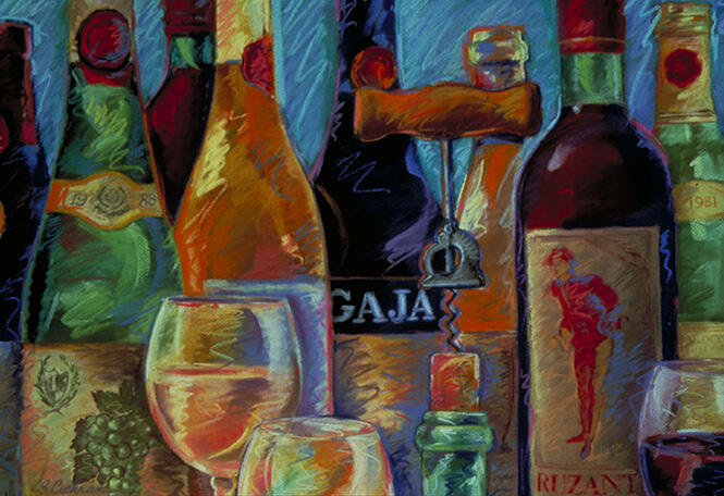 Colorful painting of wine bottles and glasses arranged closely together, featuring a variety of labels and a corkscrew, set against a blue background.
