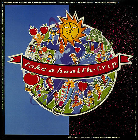 A colorful graphic featuring a sun and various health-related cartoon activities like exercising, eating fruits, and medical check-ups encircling a globe. The phrase "take a health trip" is prominently displayed on a red ribbon across the image.
