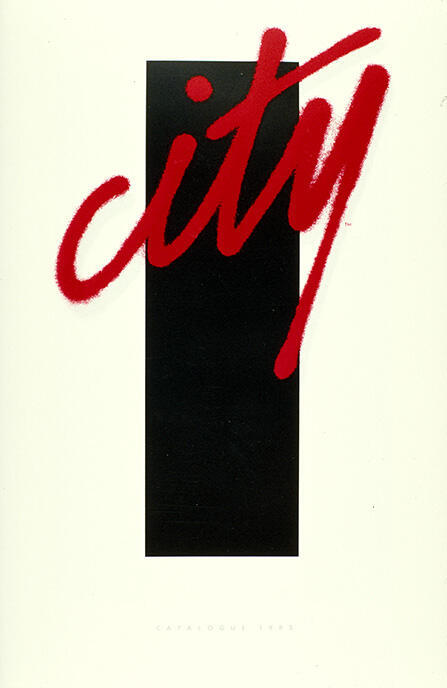 Red script text "city" over a tall black rectangle on a plain white background. Text at the bottom reads "Catalogue 1985."