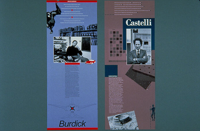 Two vertical graphic panels showcasing profiles of individuals named Burdick and Castelli. Each panel includes text, black-and-white portraits, and abstract design elements. The left panel has a blue background and design illustrations, while the right panel features a maroon color theme with geometric shapes.