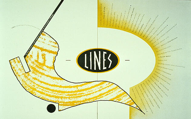 Abstract graphic design featuring the word "LINES" in the center, surrounded by a stylized yellow shape reminiscent of a swirl or wave. Text arcs around the shape on a gradient background from white to yellow.