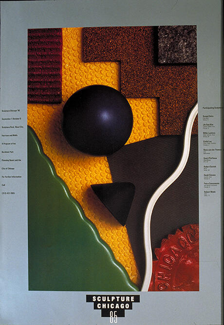 Abstract composition with geometric shapes and textures, including a black sphere, yellow textured background, green and red elements, and a white wavy line. Dark and earthy tones dominate. Text on sides in grey background.