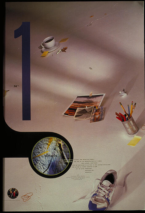 Stylized composition with a large numeral "1" on the left, a coffee cup, scattered papers, a photo, pencils in a tin, and a sneaker on a white surface.