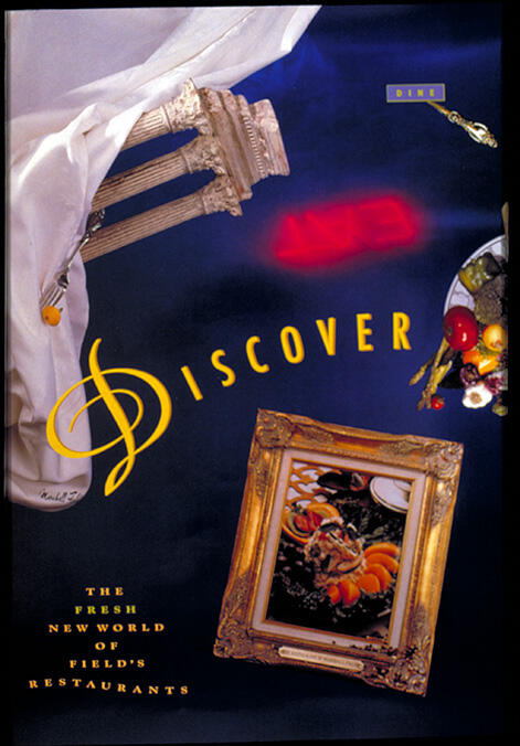 A colorful, artistic poster with the word "Discover" in bold letters across a blue background. A framed painting of fruit sits at the bottom, accompanied by decorative elements like a column and draped fabric. A small neon-like sign glows in red near the center.