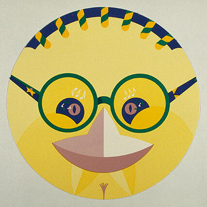 Colorful graphic of a round, smiling face with green glasses, musical notes in the eyes, and a curved beak. The top features blue and yellow patterns resembling braids.